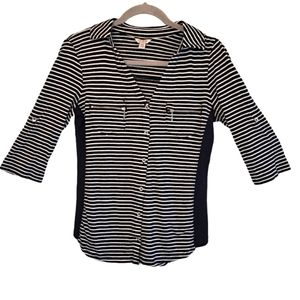 Guess Black White Striped Button Down Zip Pocket Roll Tab Sleeves Size Medium